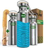 Three Blockhütte steel bottles, 17, 25 and 34 oz, with bamboo caps; the 34 oz in a turquoise silicone sleeve, with bottle brush, carabiner and box