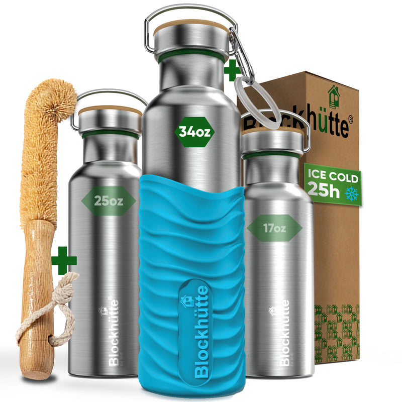 Three Blockhütte steel bottles, 17, 25 and 34 oz, with bamboo caps; the 34 oz in a turquoise silicone sleeve, with bottle brush, carabiner and box