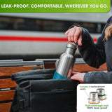 Woman sliding the 34 oz bottle in a turquoise silicone sleeve into a black backpack on a train platform; inset: caps with replacement seals