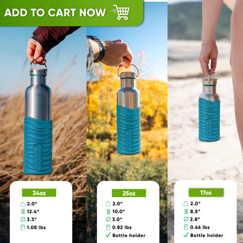 Hands holding the 34, 25 and 17 oz bottles in turquoise silicone sleeves outdoors, each with a card listing height, width, opening and weight