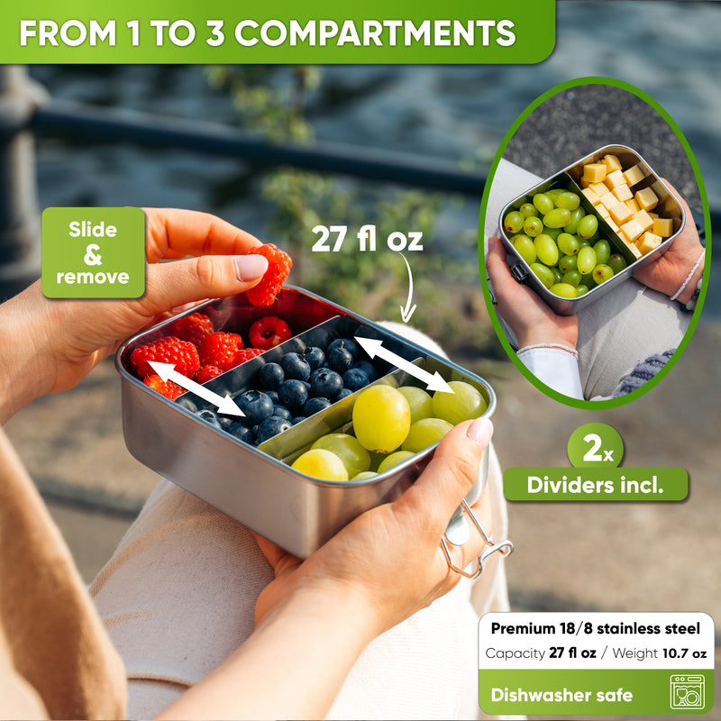 Open 27 oz lunch box with raspberries, blueberries and grapes in up to three compartments; 2 removable dividers included, 10.7 oz, dishwasher safe
