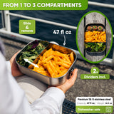 Open 47 oz lunch box with penne pasta and a green salad in up to three compartments; 2 removable dividers included, 14.9 oz, dishwasher safe