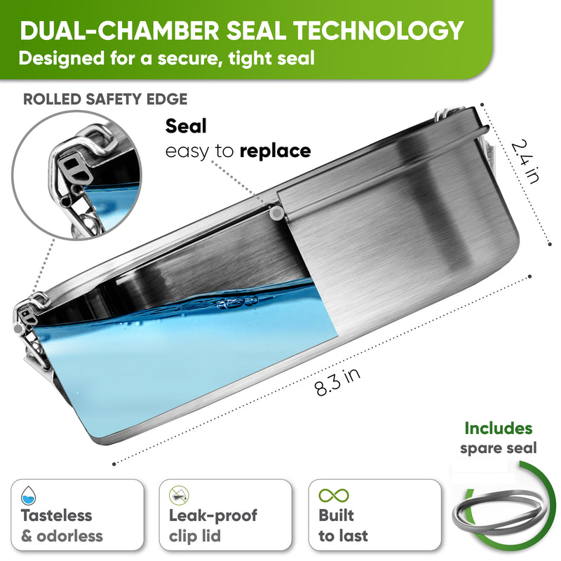 Cutaway of the 47 oz lunch box half filled with water: dual-chamber seal, rolled edge, 8.3 in long, 2.4 in tall, spare seal included
