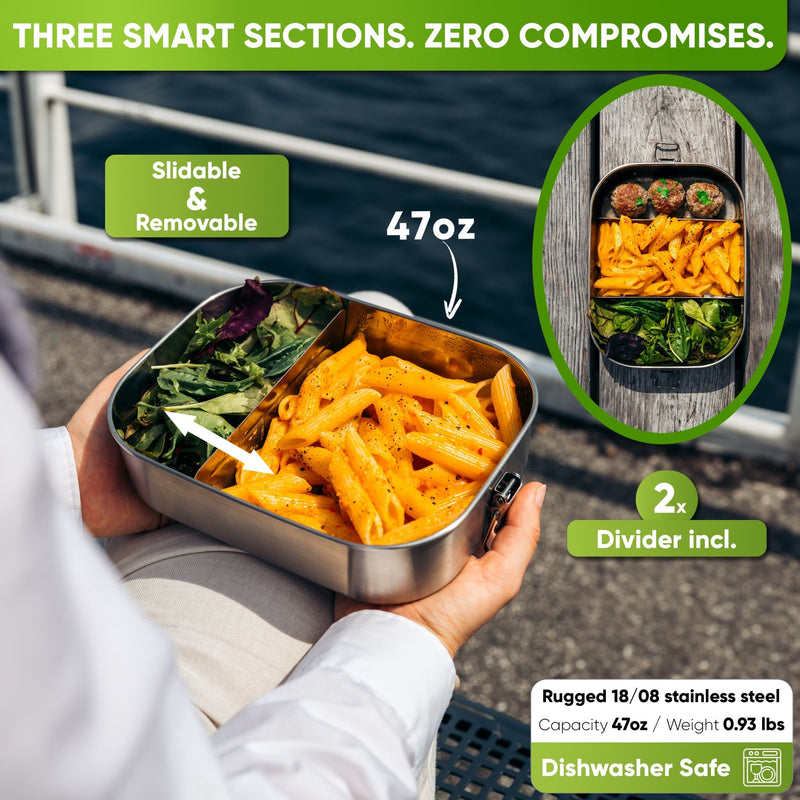 Infographic: open 47 oz lunch box with penne pasta and salad held at a pier; 2 dividers included, 0.93 lb, dishwasher safe