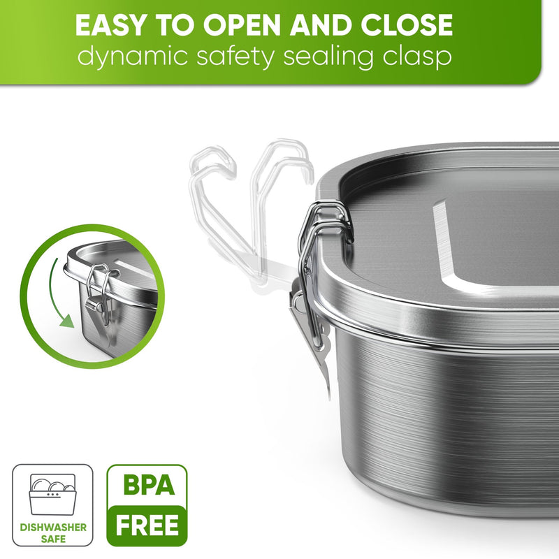 Close-up of the steel clasp on a closed lunch box with a diagram of the latch swinging open; dishwasher safe, BPA free
