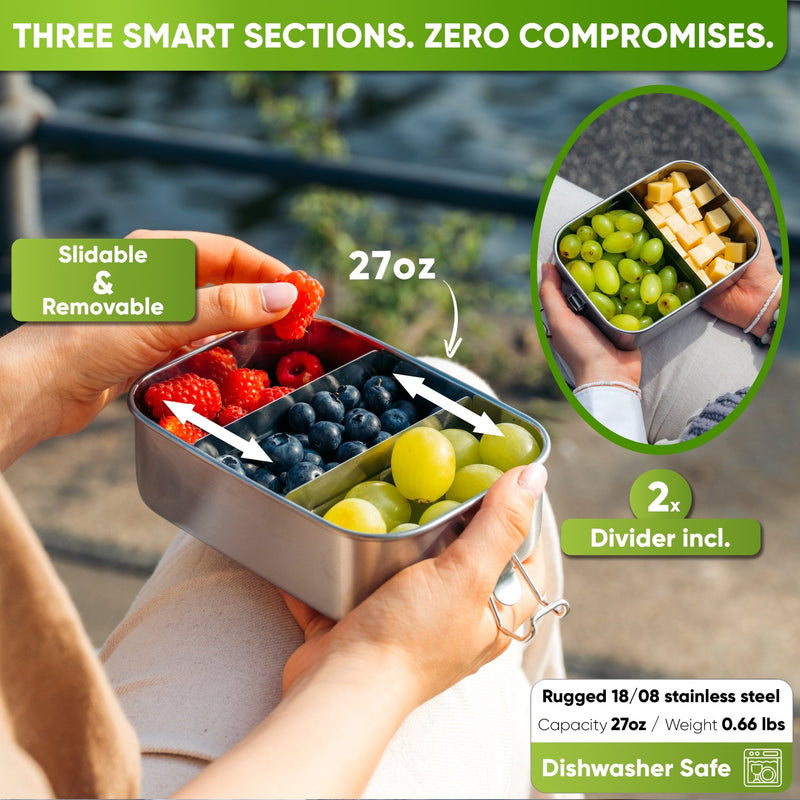 Infographic: open 27 oz lunch box with raspberries, blueberries and grapes; 2 dividers included, 0.66 lb, dishwasher safe