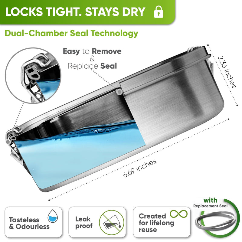 Cutaway diagram of the 27 oz lunch box half filled with water: 6.69 in long, 2.36 in tall, removable seal, leak proof