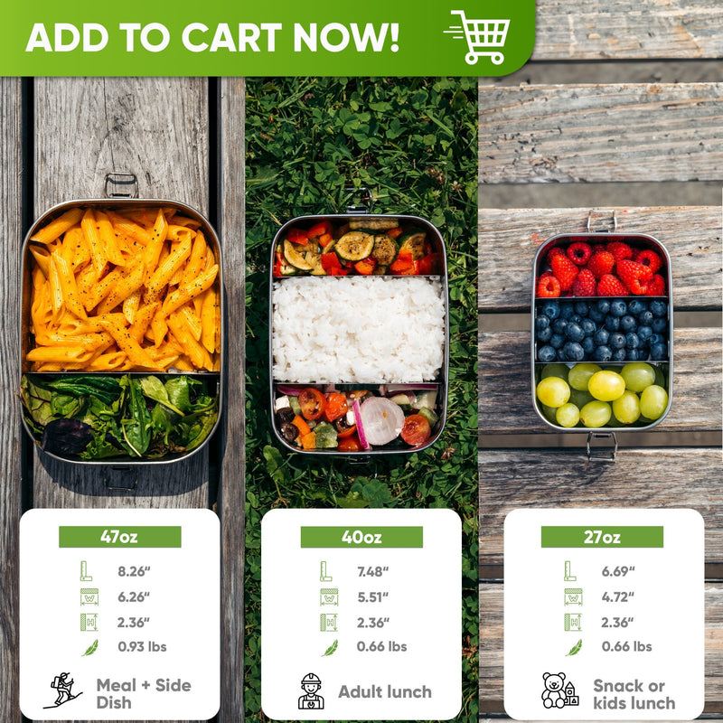 Three open lunch boxes from above: 47 oz with pasta and salad, 40 oz with rice and vegetables, 27 oz with berries and grapes