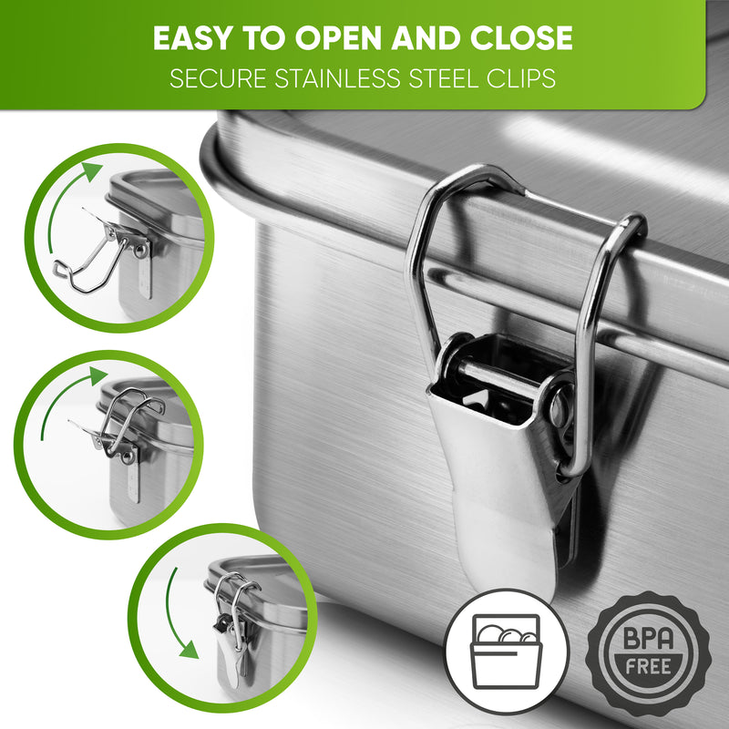 Close-up of the steel clips on a closed lunch box, three steps showing how they open and close; dishwasher safe, BPA free