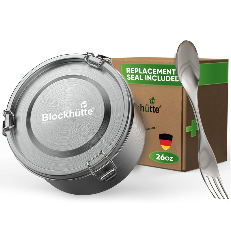 Stainless steel salad bowl 26 oz, closed, with spork and box labeled replacement seal included