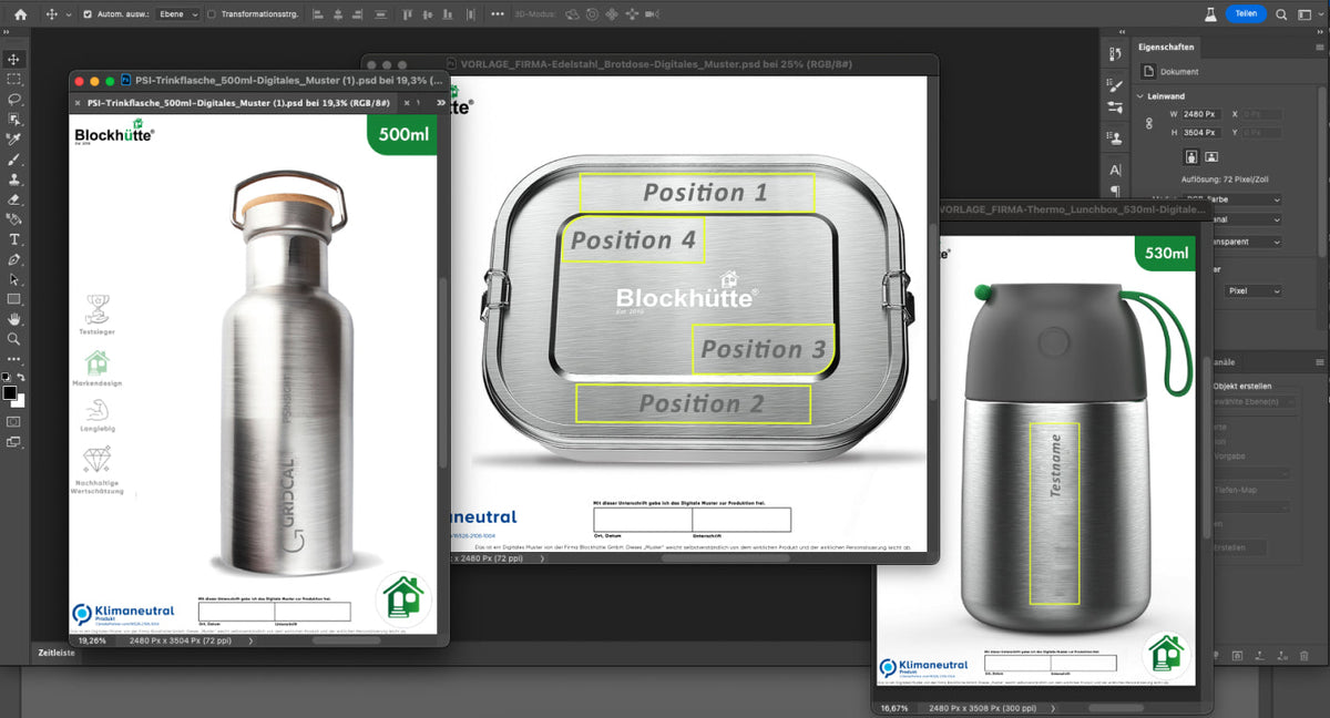 Digital preview: Blockhütte products with logo positions in a design program